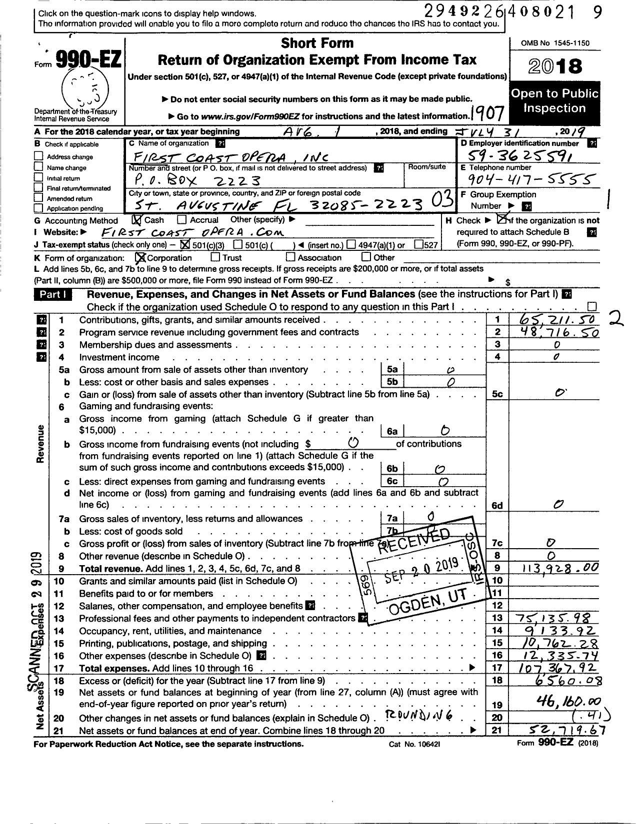 Image of first page of 2018 Form 990EZ for First Coast Opera