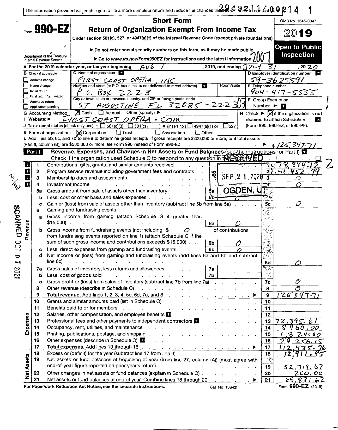 Image of first page of 2019 Form 990EZ for First Coast Opera