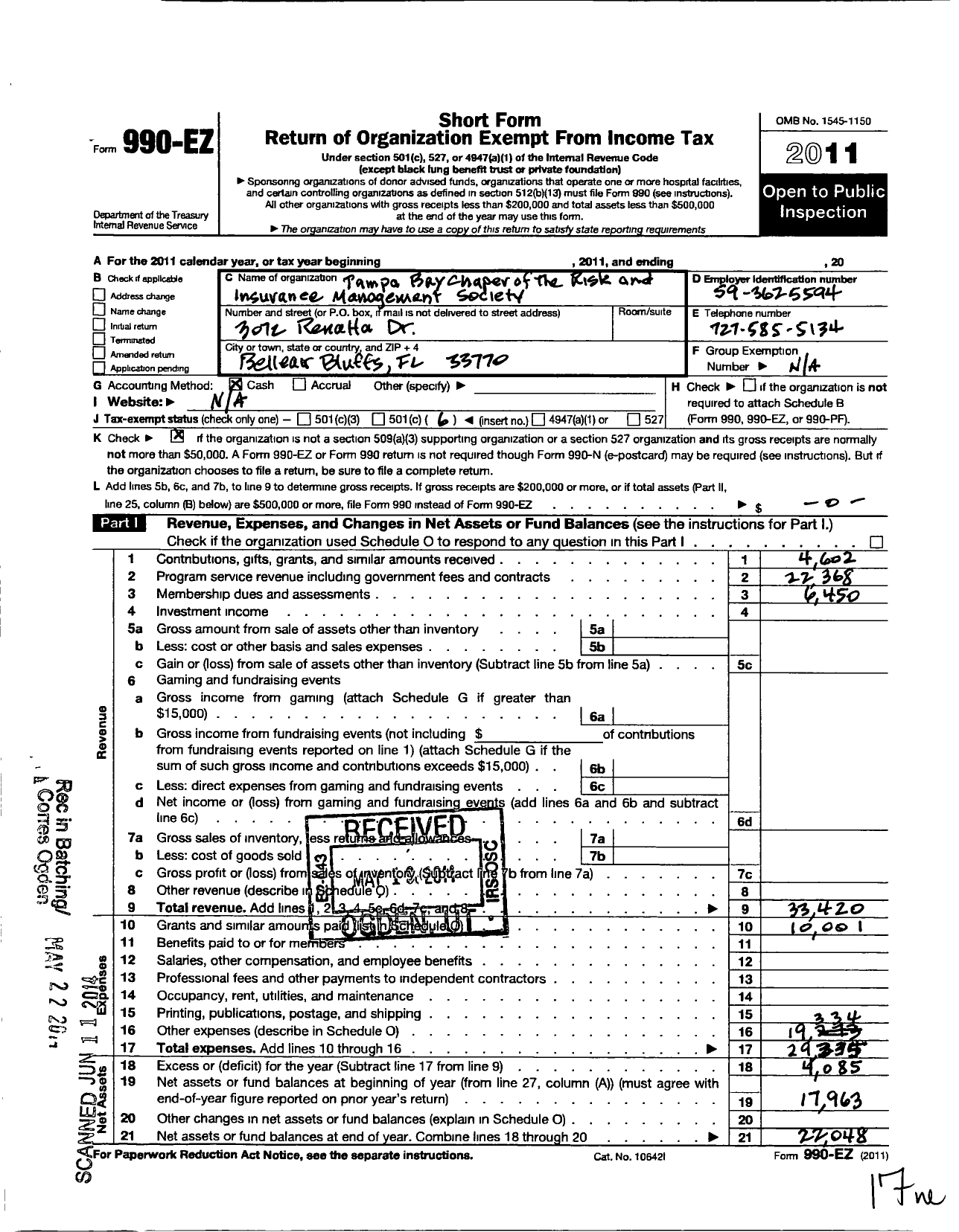 Image of first page of 2011 Form 990EO for Tampa Bay Chapter of the Risk and Insurance Management Society