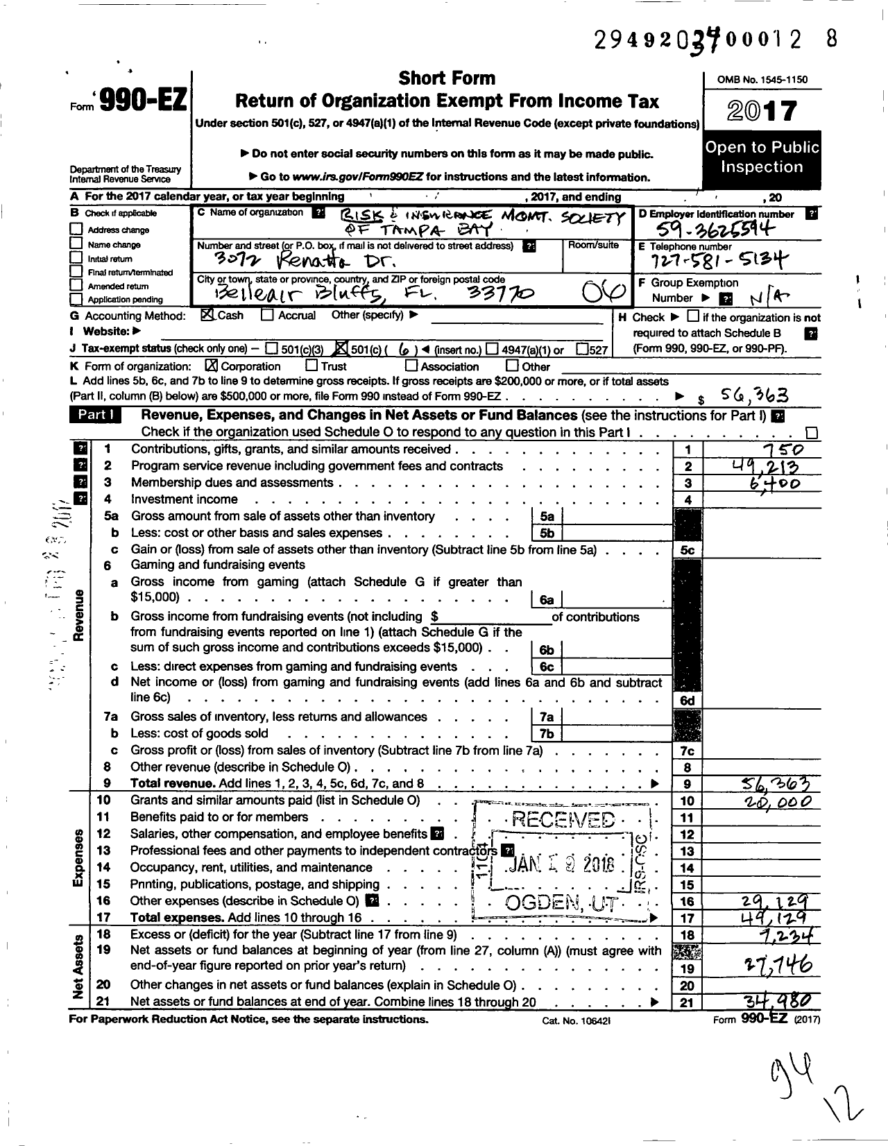 Image of first page of 2017 Form 990EO for Tampa Bay Chapter of the Risk and Insurance Management Society