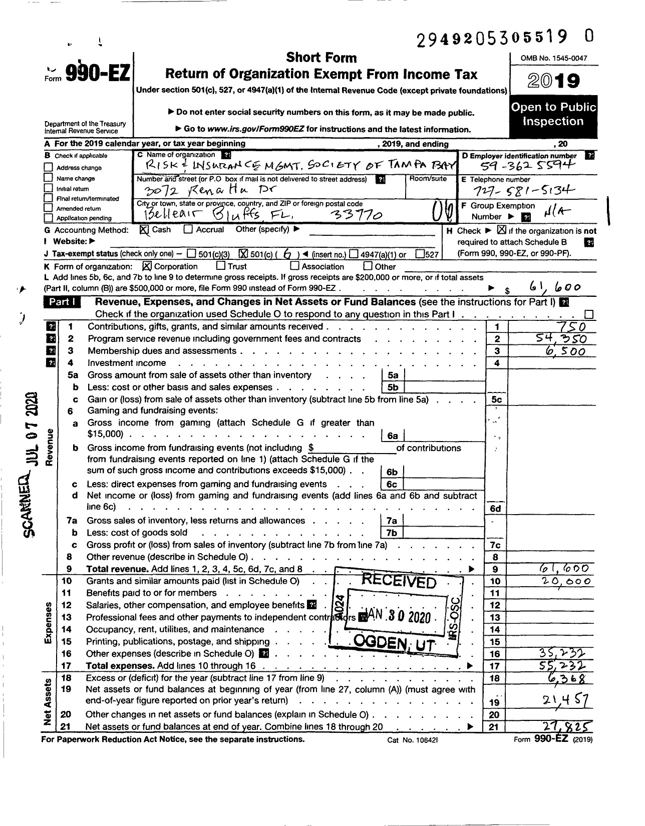 Image of first page of 2019 Form 990EO for Tampa Bay Chapter of the Risk and Insurance Management Society