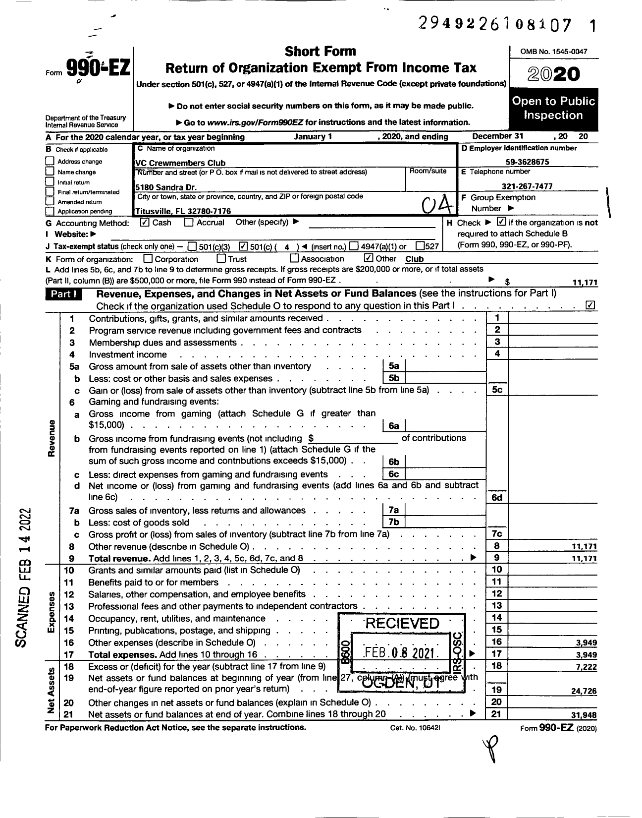 Image of first page of 2020 Form 990EO for VC Crewmembers Club