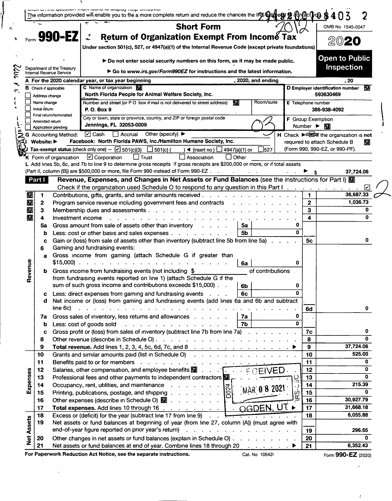 Image of first page of 2020 Form 990EZ for North Florida People for Animal Welfare Society