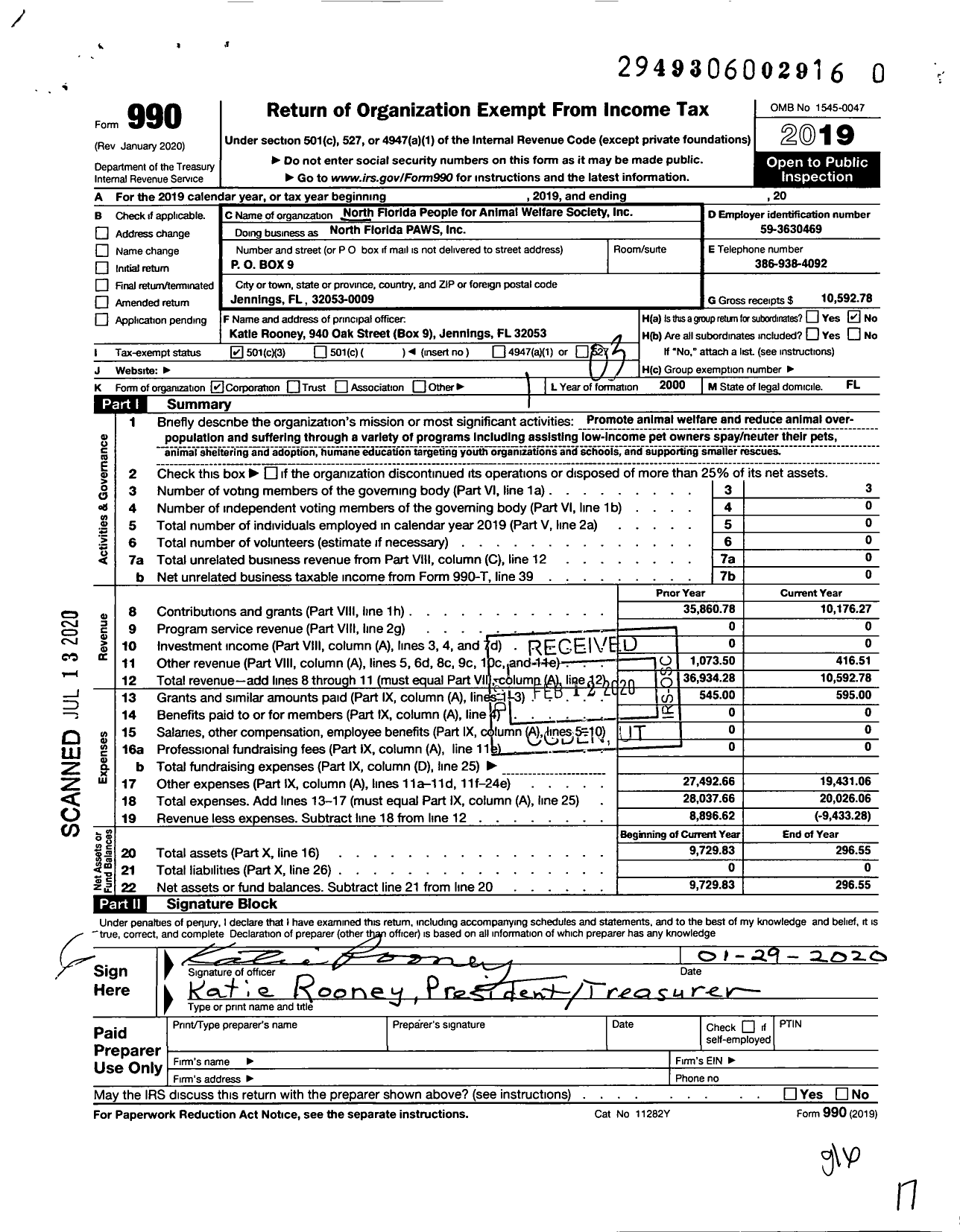 Image of first page of 2019 Form 990 for North Florida People for Animal Welfare Society