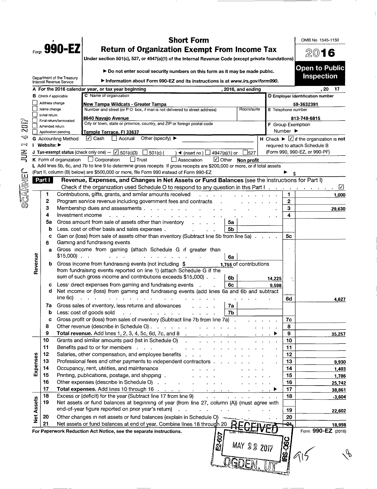 Image of first page of 2016 Form 990EZ for Newtampa Wildcats Greater Tampa