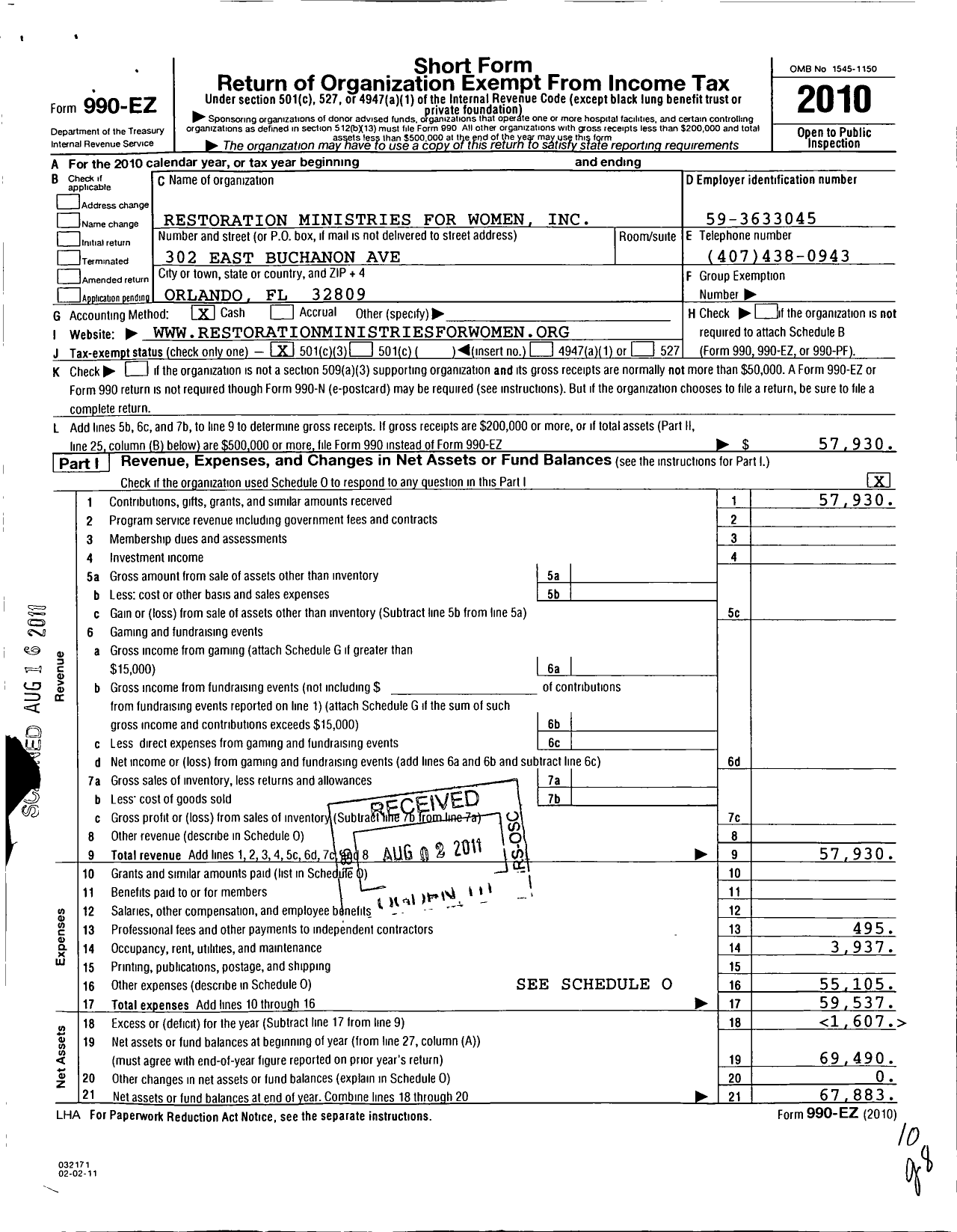 Image of first page of 2010 Form 990EZ for Restoration Ministries for Women