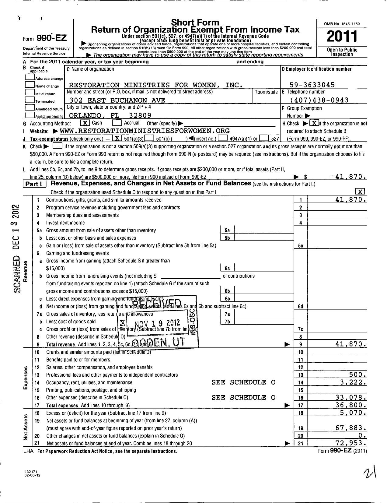 Image of first page of 2011 Form 990EZ for Restoration Ministries for Women