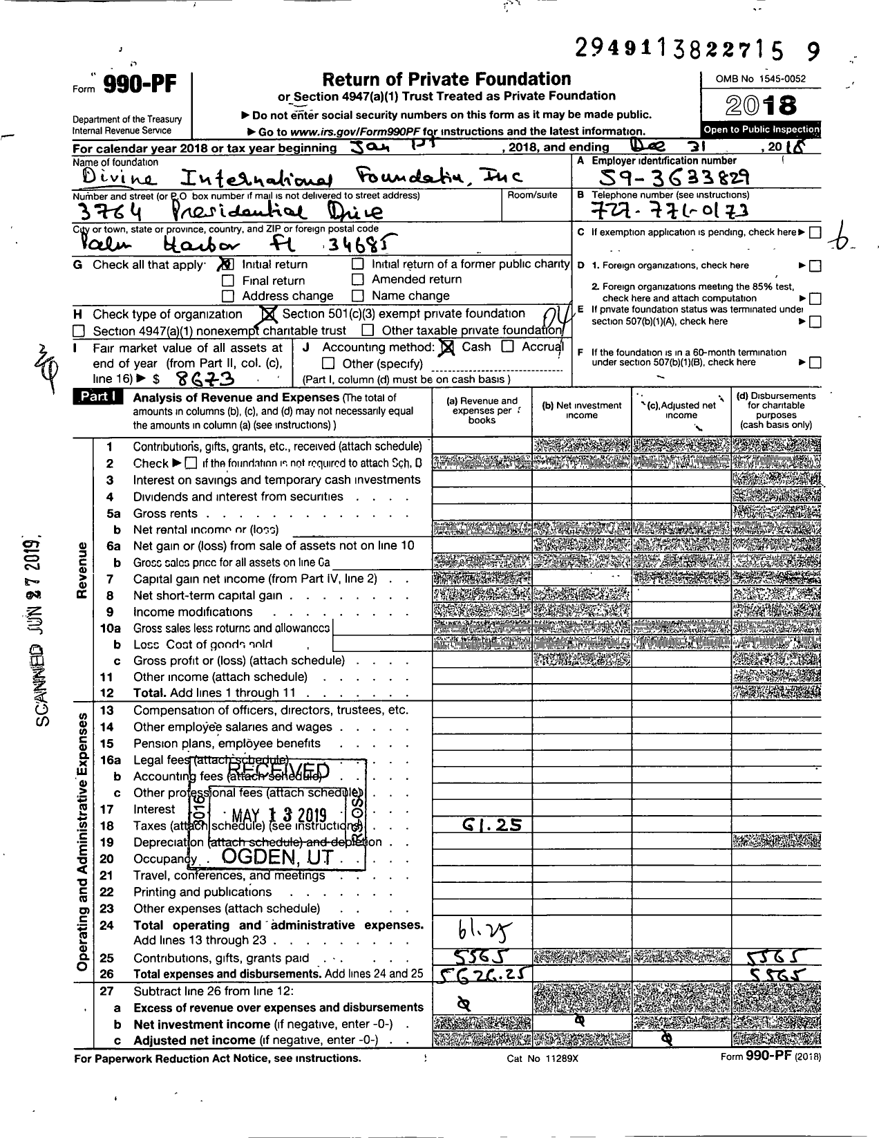Image of first page of 2018 Form 990PF for Divine International Foundation