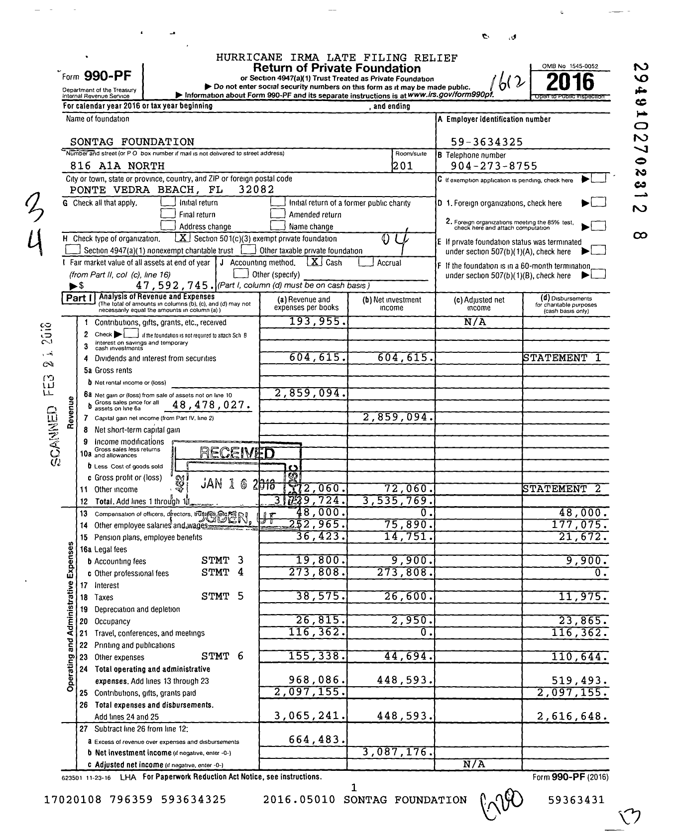 Image of first page of 2016 Form 990PF for The Sontag Foundation