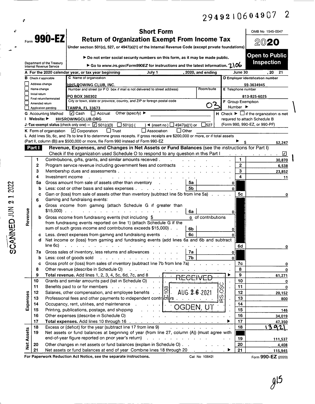 Image of first page of 2020 Form 990EZ for HHS Rowing Club