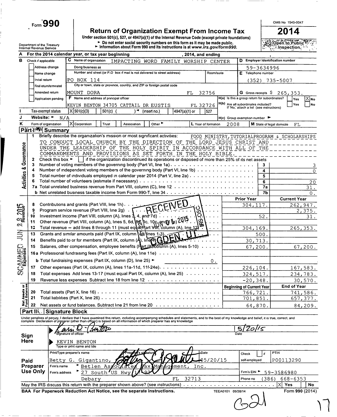 Image of first page of 2014 Form 990 for Impacting Word Family Worship Center