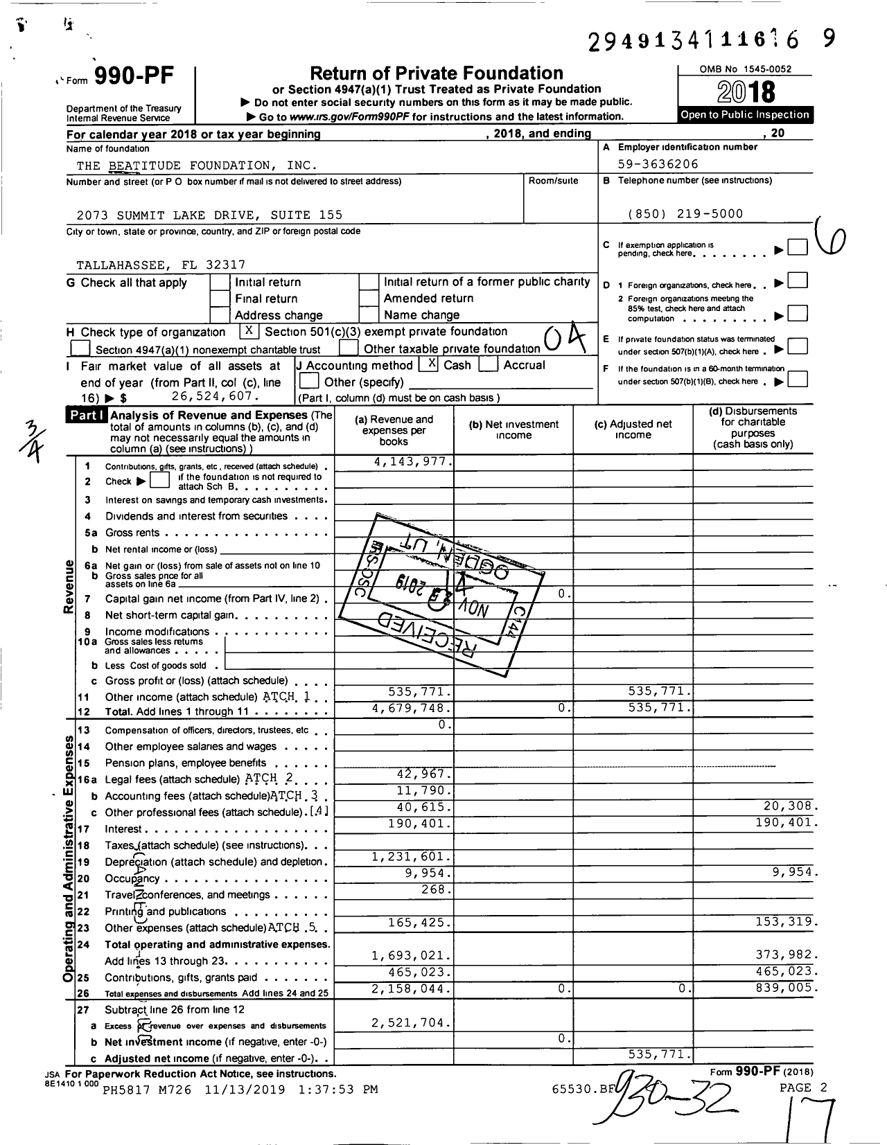 Image of first page of 2018 Form 990PF for The Beatitude Foundation