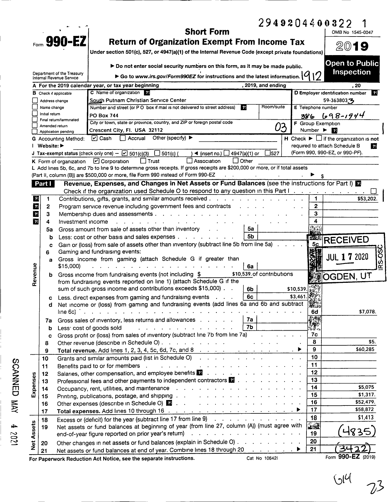 Image of first page of 2019 Form 990EZ for South Putnam Christian Service Center