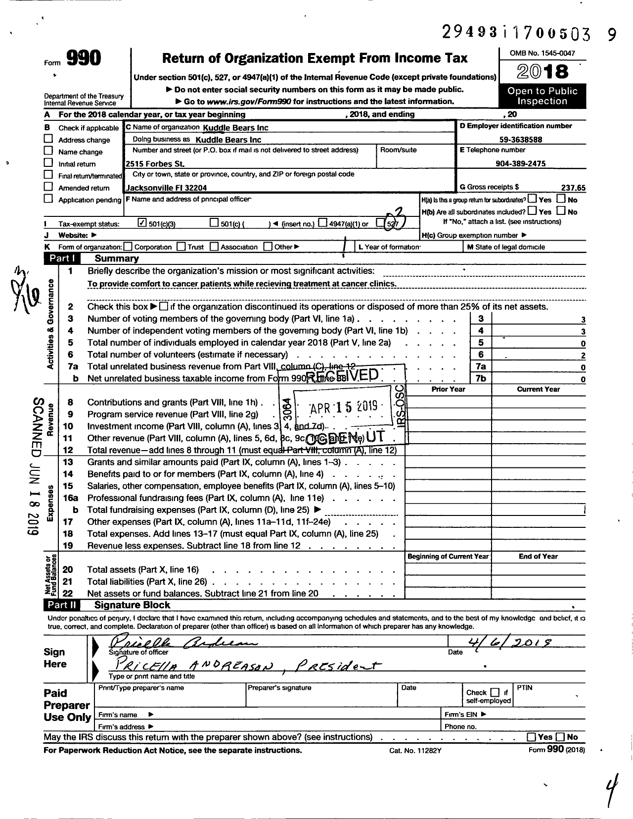 Image of first page of 2018 Form 990 for Kuddle-Bears