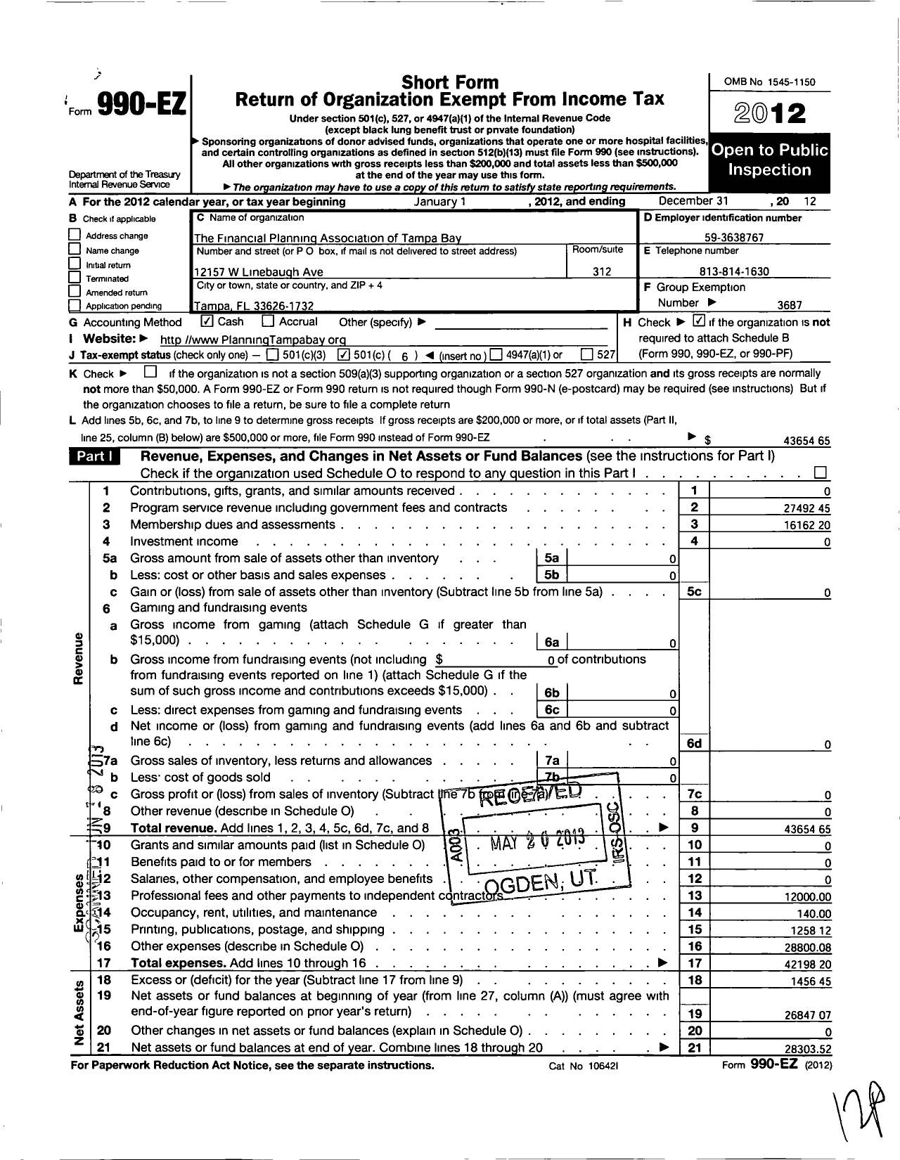 Image of first page of 2012 Form 990EO for Financial Planning Association / Fpa of Tampa Bay