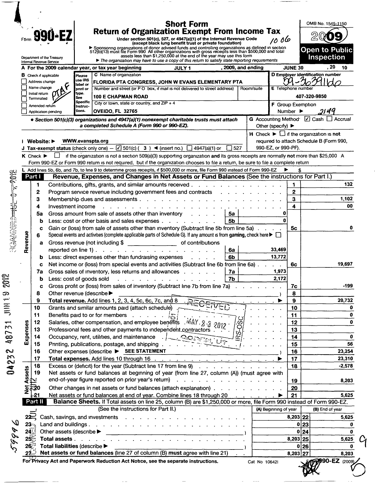 Image of first page of 2009 Form 990EZ for PTA Florida Congress - John Evans Elementary PTA