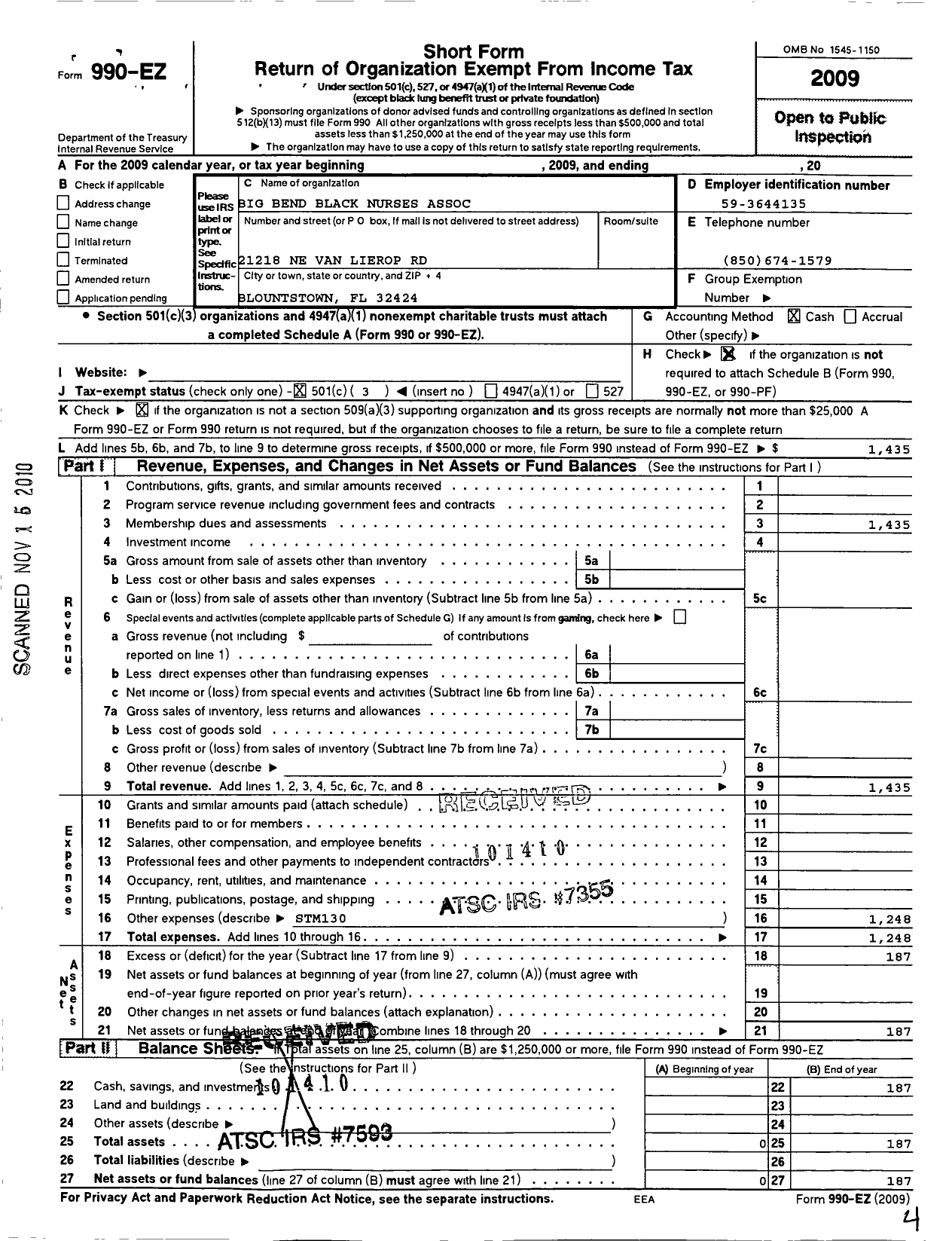 Image of first page of 2009 Form 990EZ for National Black Nurses Association / Big Bend Bna Tallahassee FL