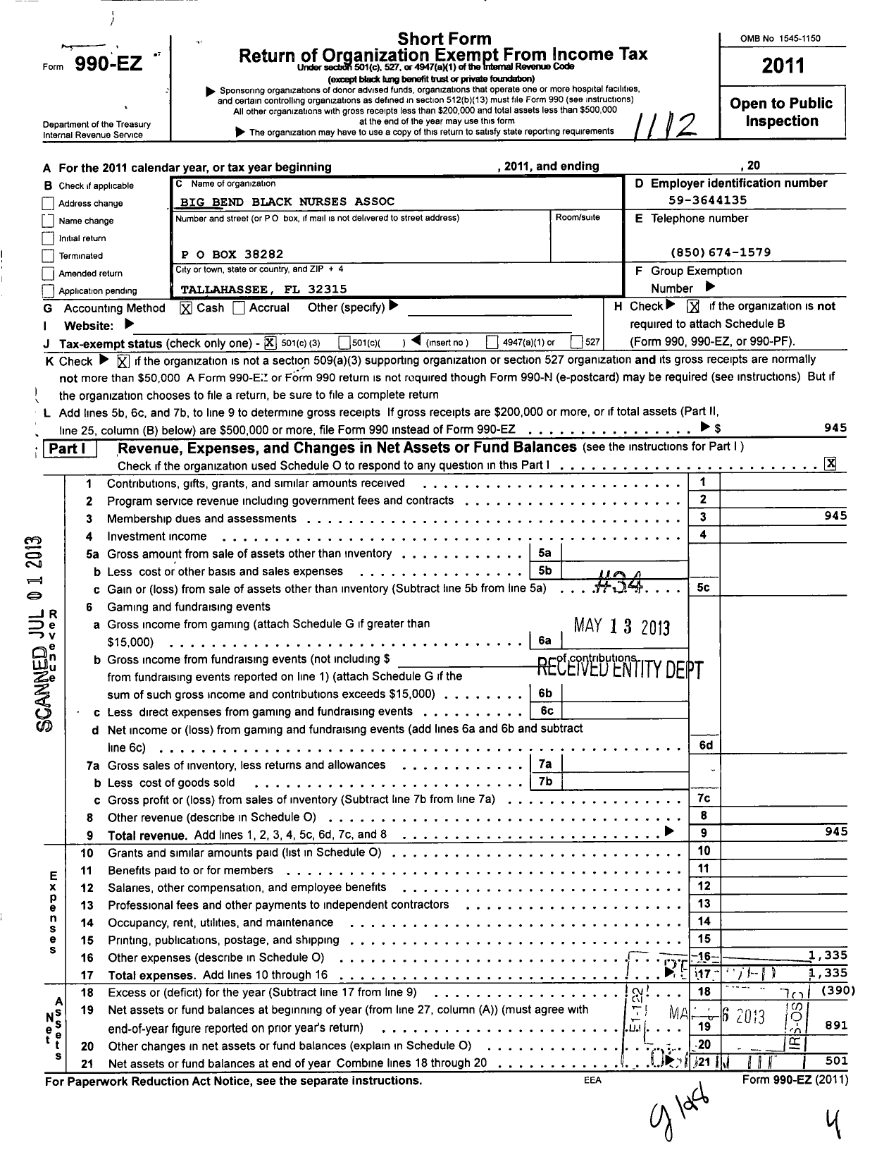 Image of first page of 2011 Form 990EZ for National Black Nurses Association / Big Bend Bna Tallahassee FL