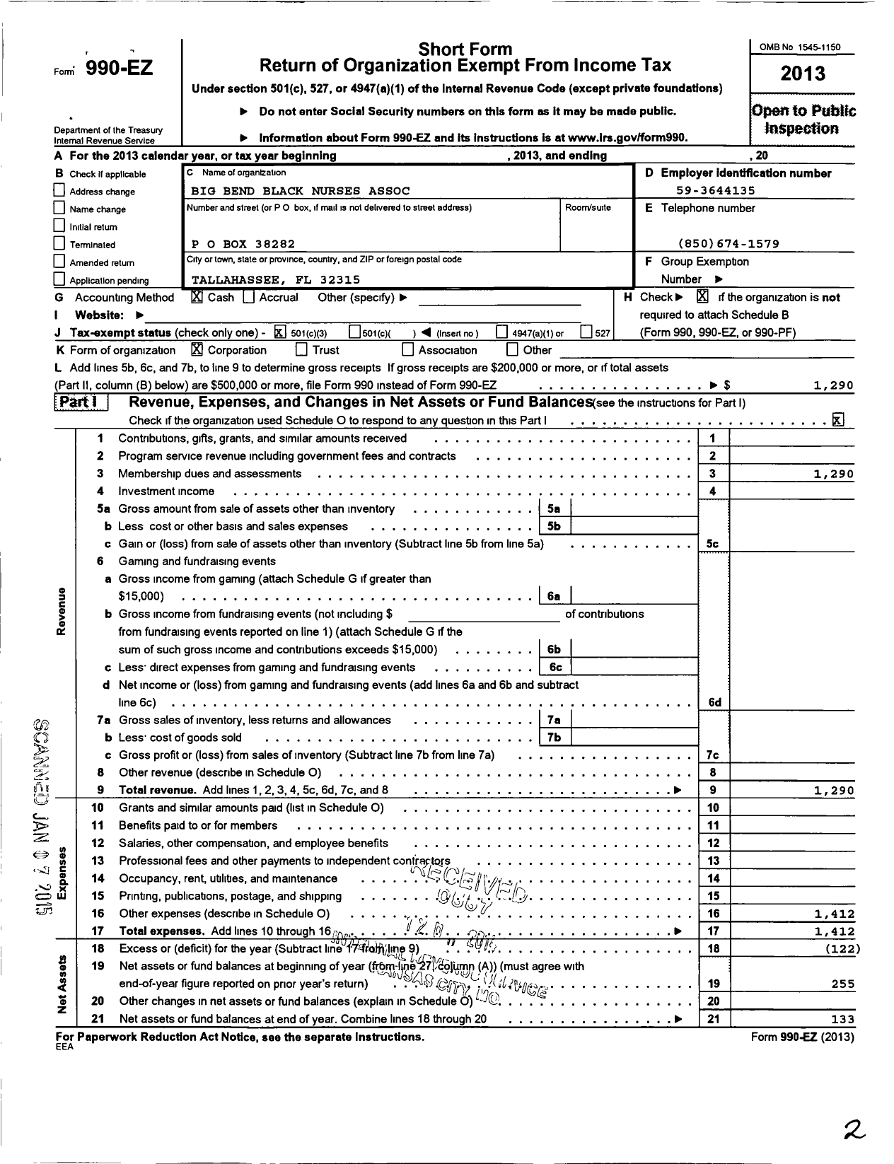 Image of first page of 2013 Form 990EZ for National Black Nurses Association / Big Bend Bna Tallahassee FL