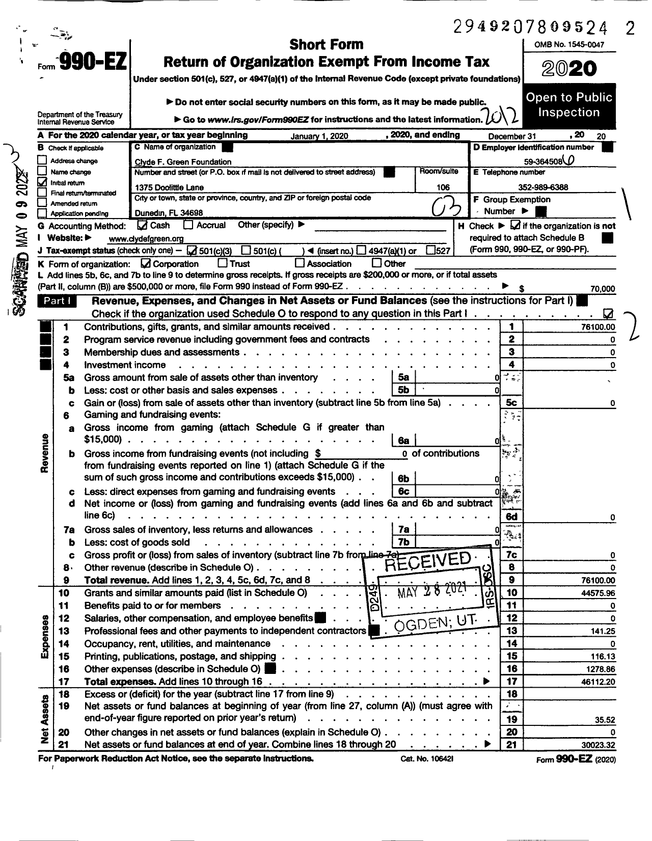 Image of first page of 2020 Form 990EZ for Clyde F Green Foundation