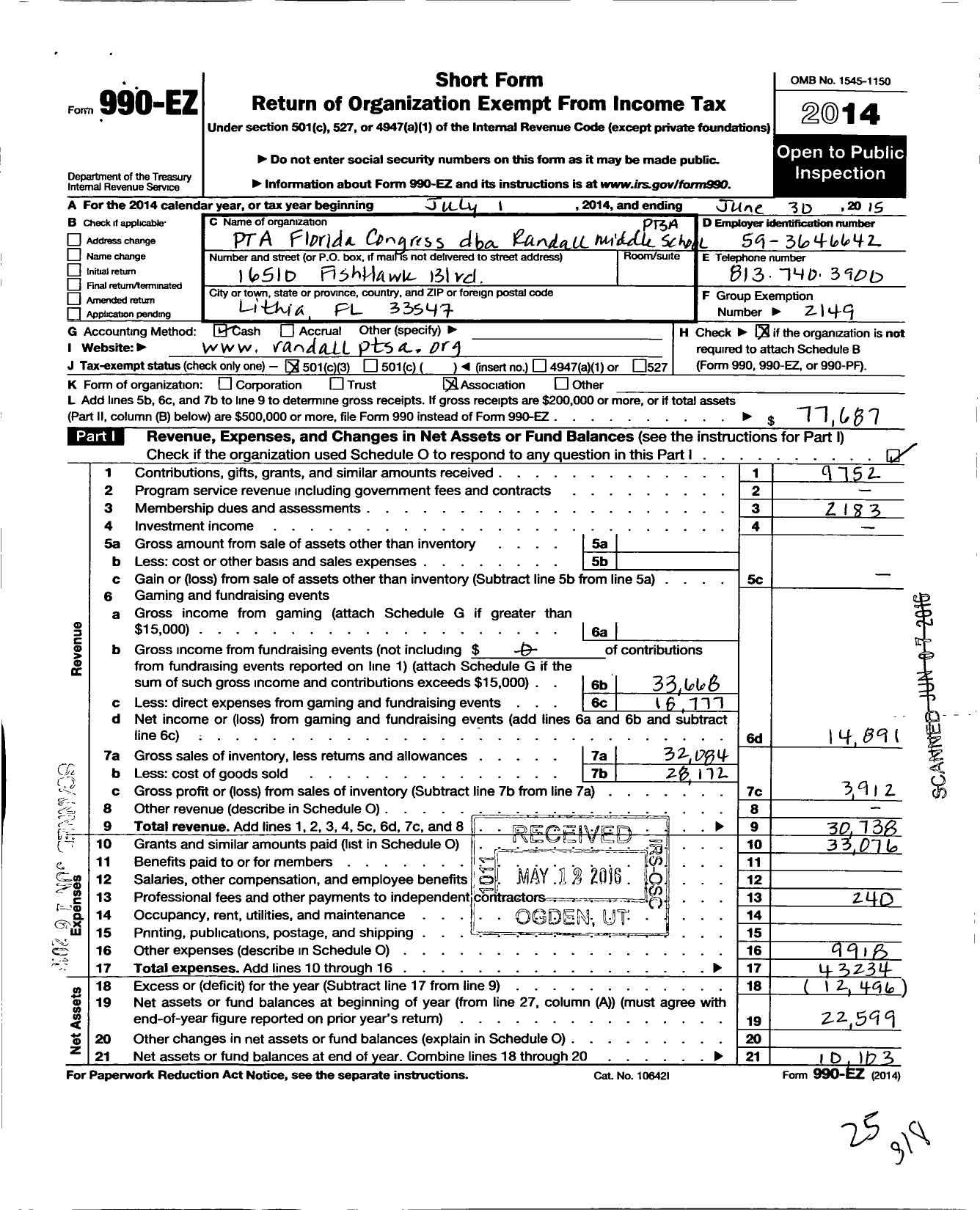 Image of first page of 2014 Form 990EZ for PTA Florida Congress - General James D Randall Middle Ptsa