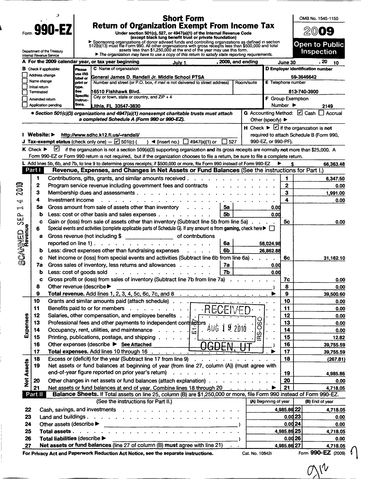 Image of first page of 2009 Form 990EO for PTA Florida Congress - General James D Randall Middle Ptsa