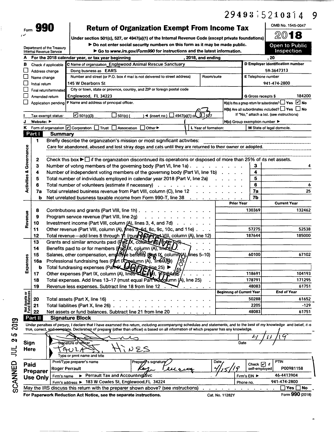 Image of first page of 2018 Form 990 for Englewood Animal Rescue Sanctuary Doing Business As Ears