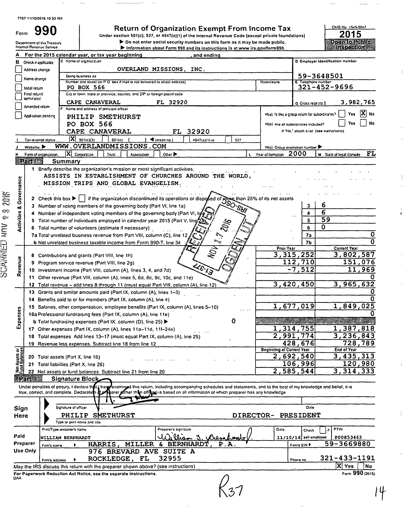 Image of first page of 2015 Form 990 for Overland Missions