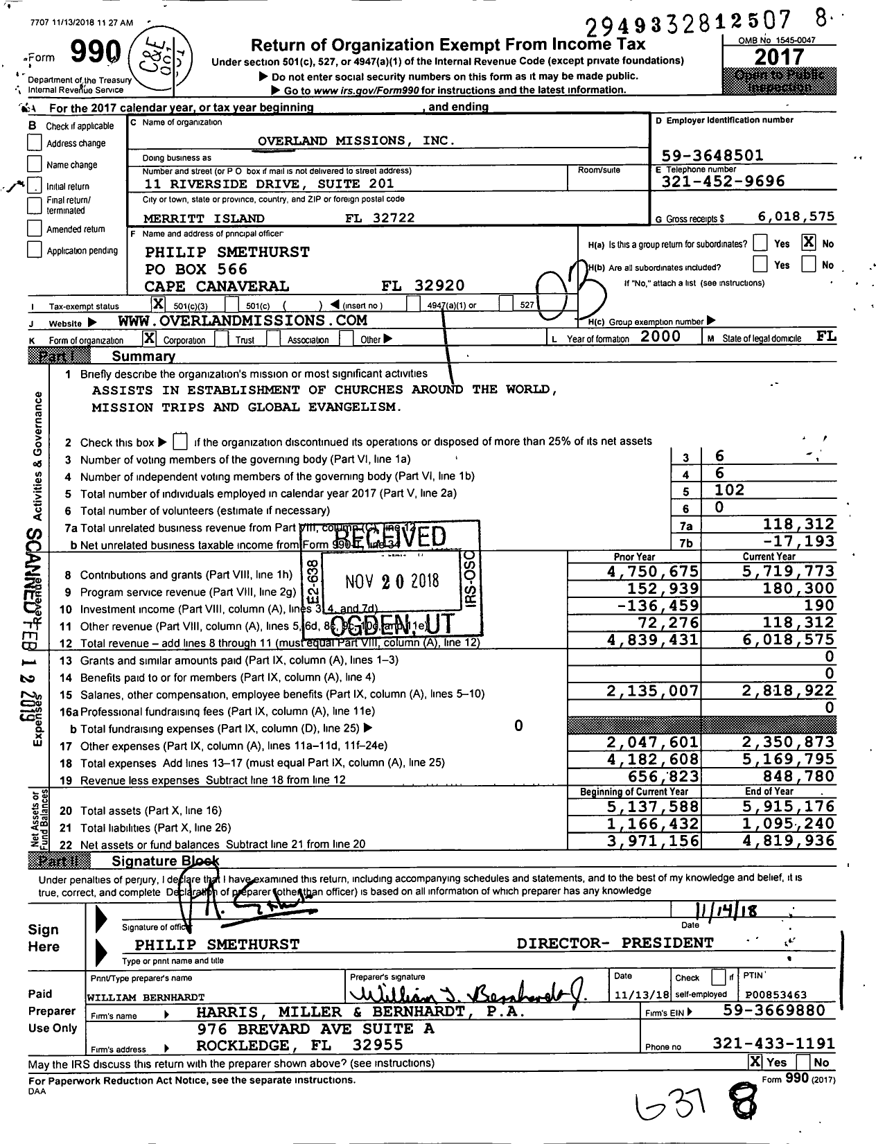 Image of first page of 2017 Form 990 for Overland Missions