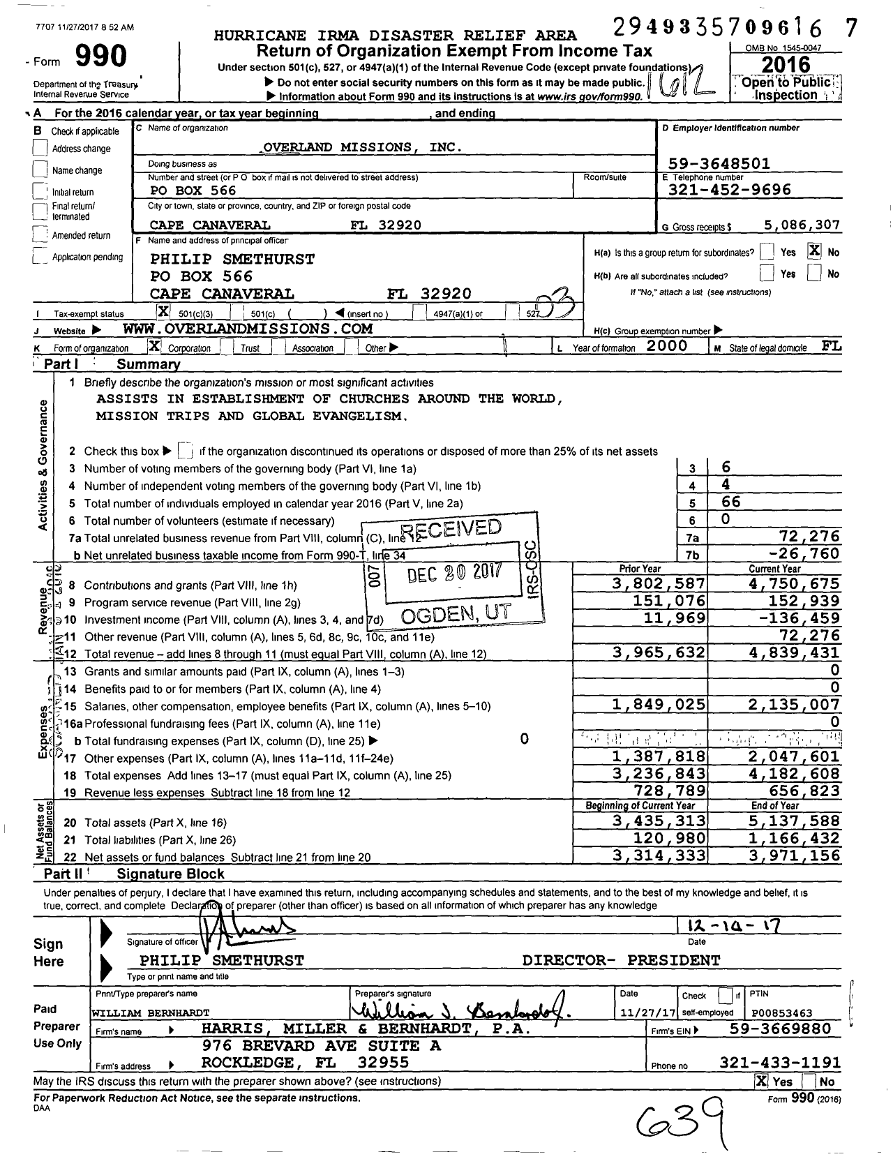 Image of first page of 2016 Form 990 for Overland Missions