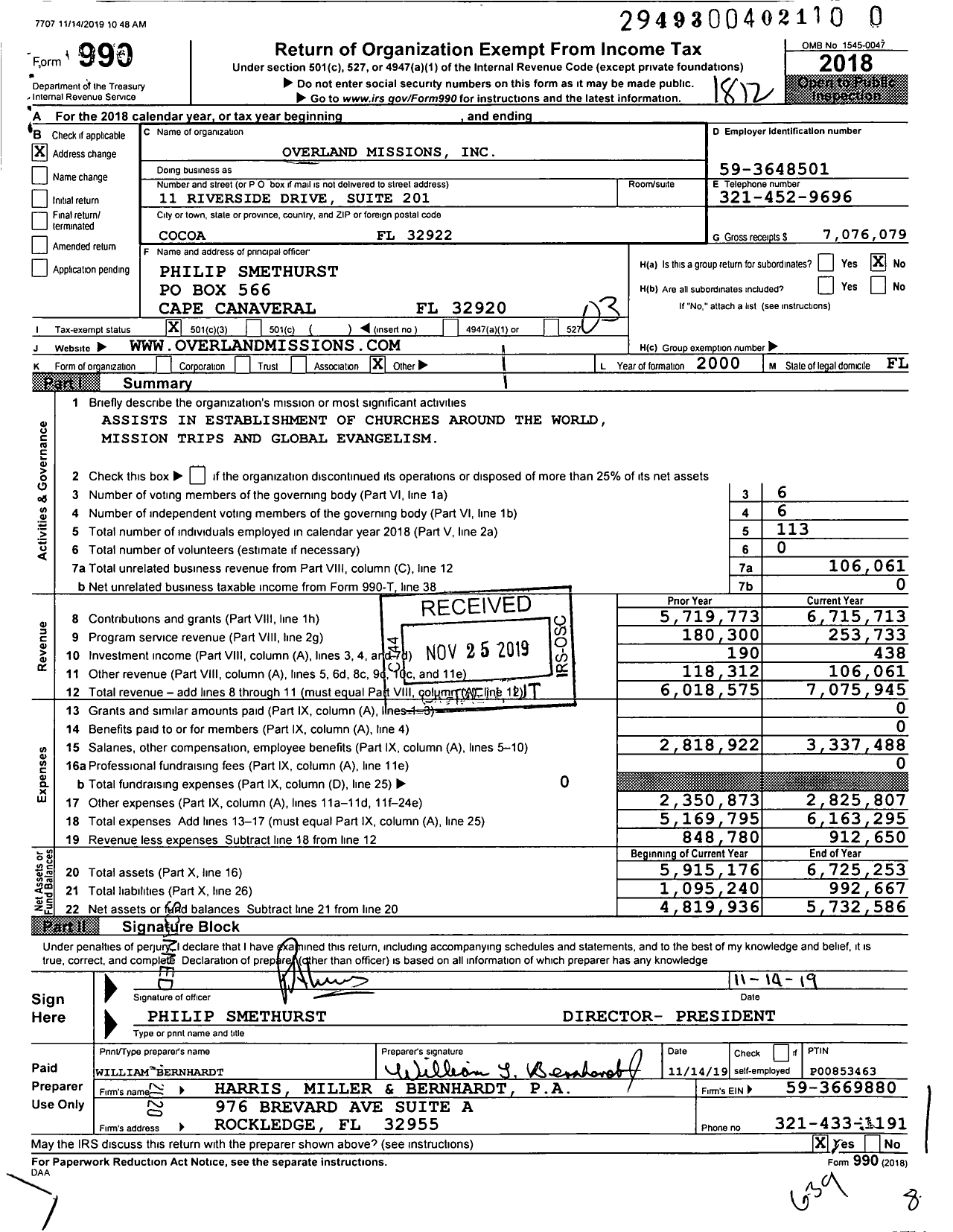 Image of first page of 2018 Form 990 for Overland Missions