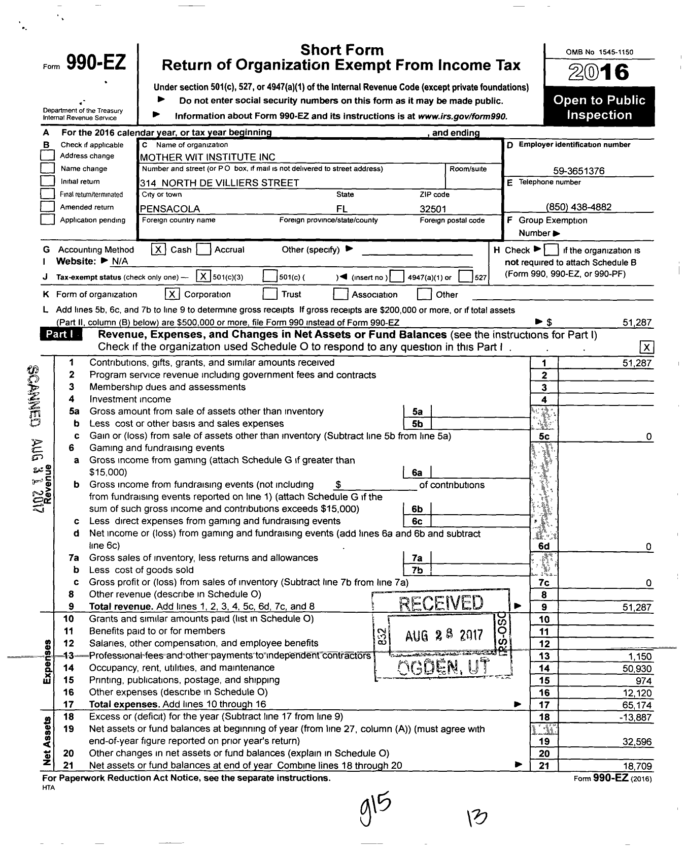 Image of first page of 2016 Form 990EZ for Mother Wit Institute