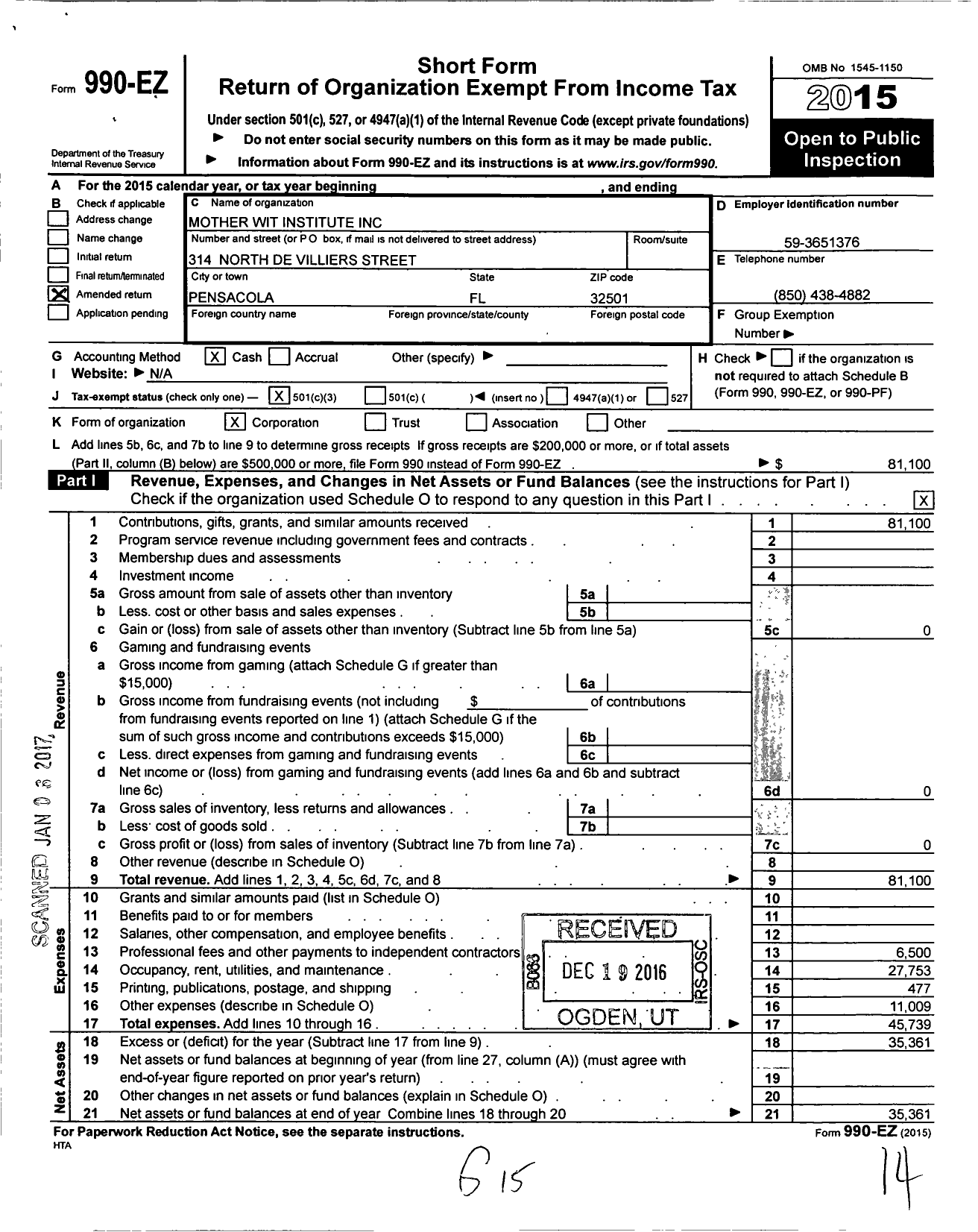 Image of first page of 2015 Form 990EZ for Mother Wit Institute