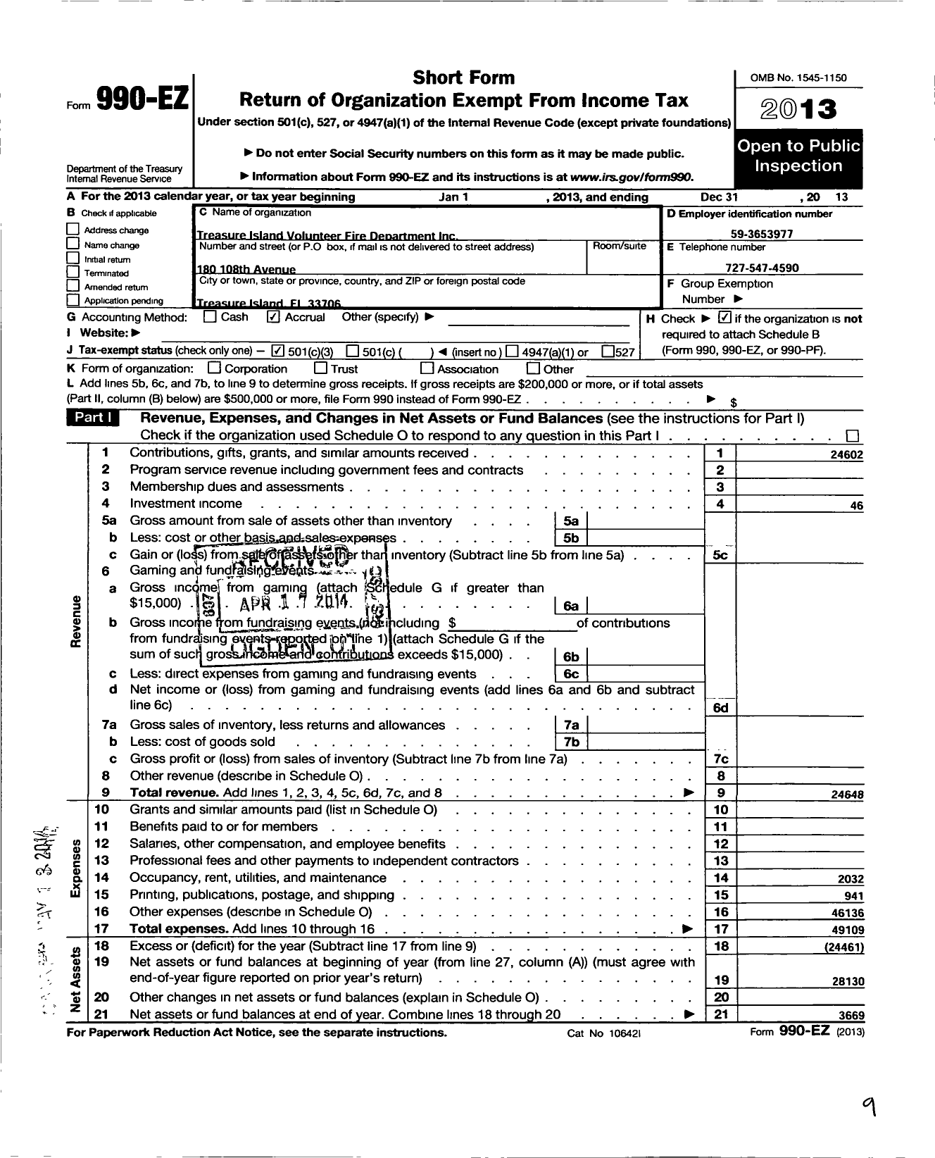 Image of first page of 2013 Form 990EZ for Treasure Island Volunteer Fire Department