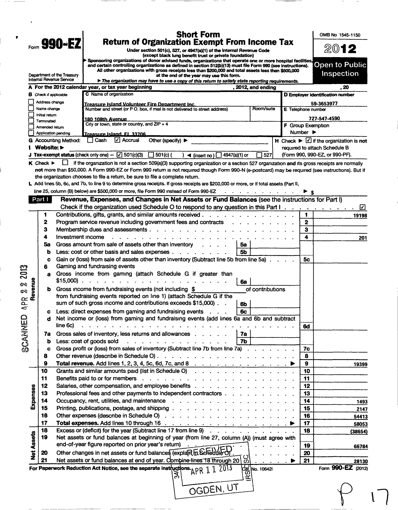 Image of first page of 2012 Form 990EZ for Treasure Island Volunteer Fire Department