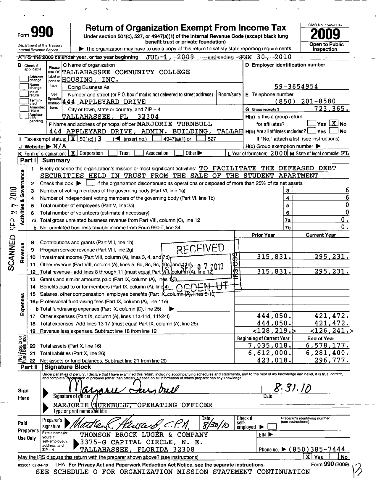 Image of first page of 2009 Form 990 for Tallahassee Community College Housing