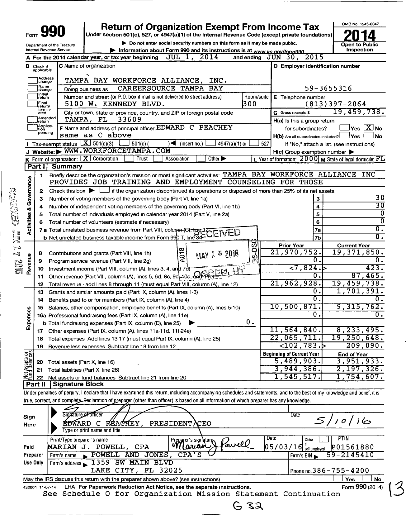 Image of first page of 2014 Form 990 for Careersource Tampa Bay