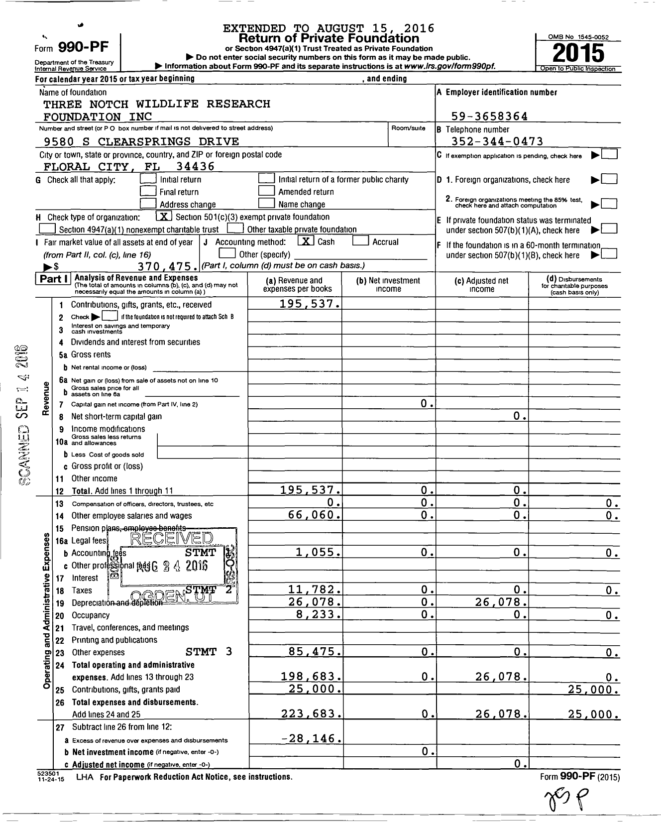 Image of first page of 2015 Form 990PF for Three Notch Wildlife Reserve Foundation