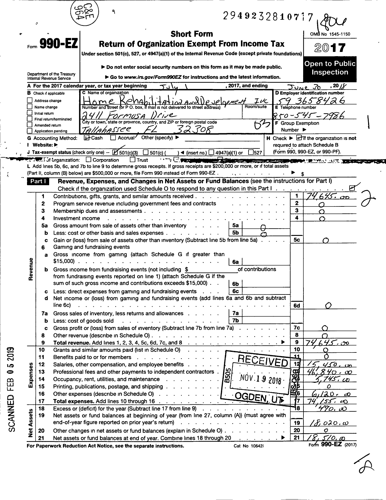 Image of first page of 2017 Form 990EZ for Home Rehabilitation and Development