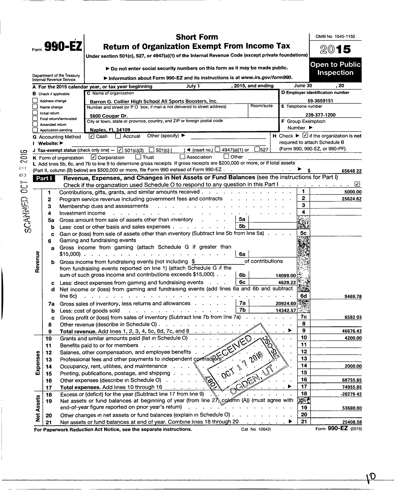 Image of first page of 2014 Form 990EZ for Barron G Collier High School All Sports Boosters