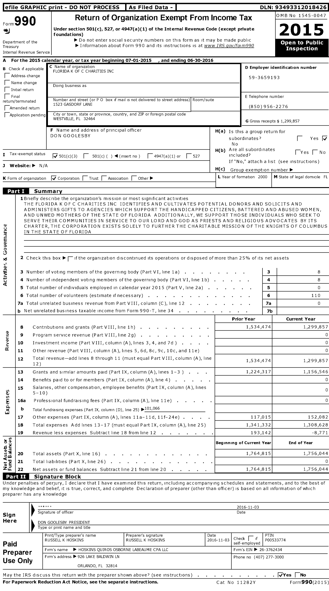 Image of first page of 2015 Form 990 for Florida K of C Charities