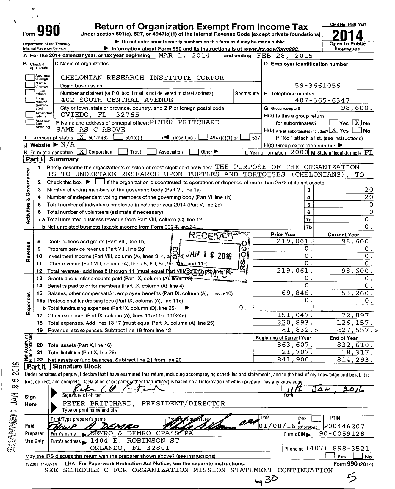 Image of first page of 2014 Form 990 for Chelonian Research Institute Corpor