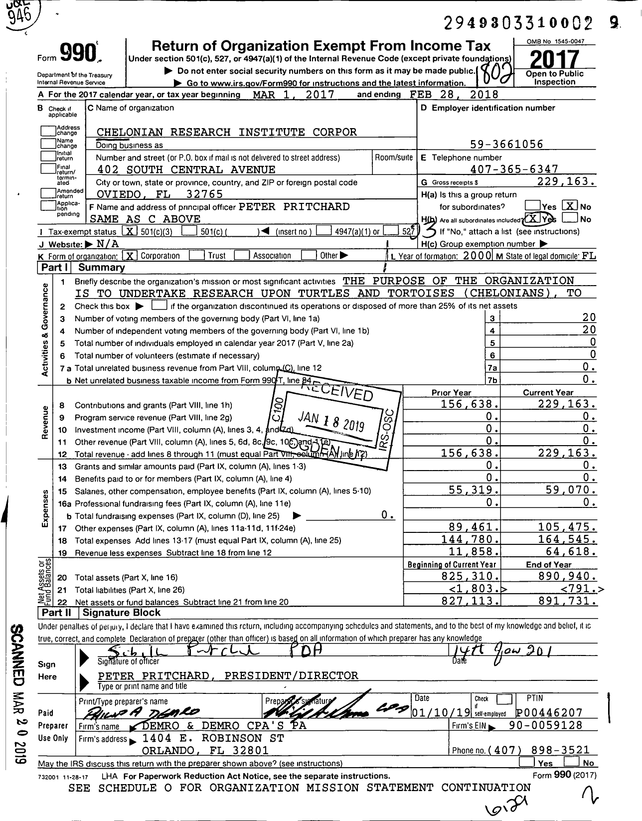 Image of first page of 2017 Form 990 for Chelonian Research Institute Corpor