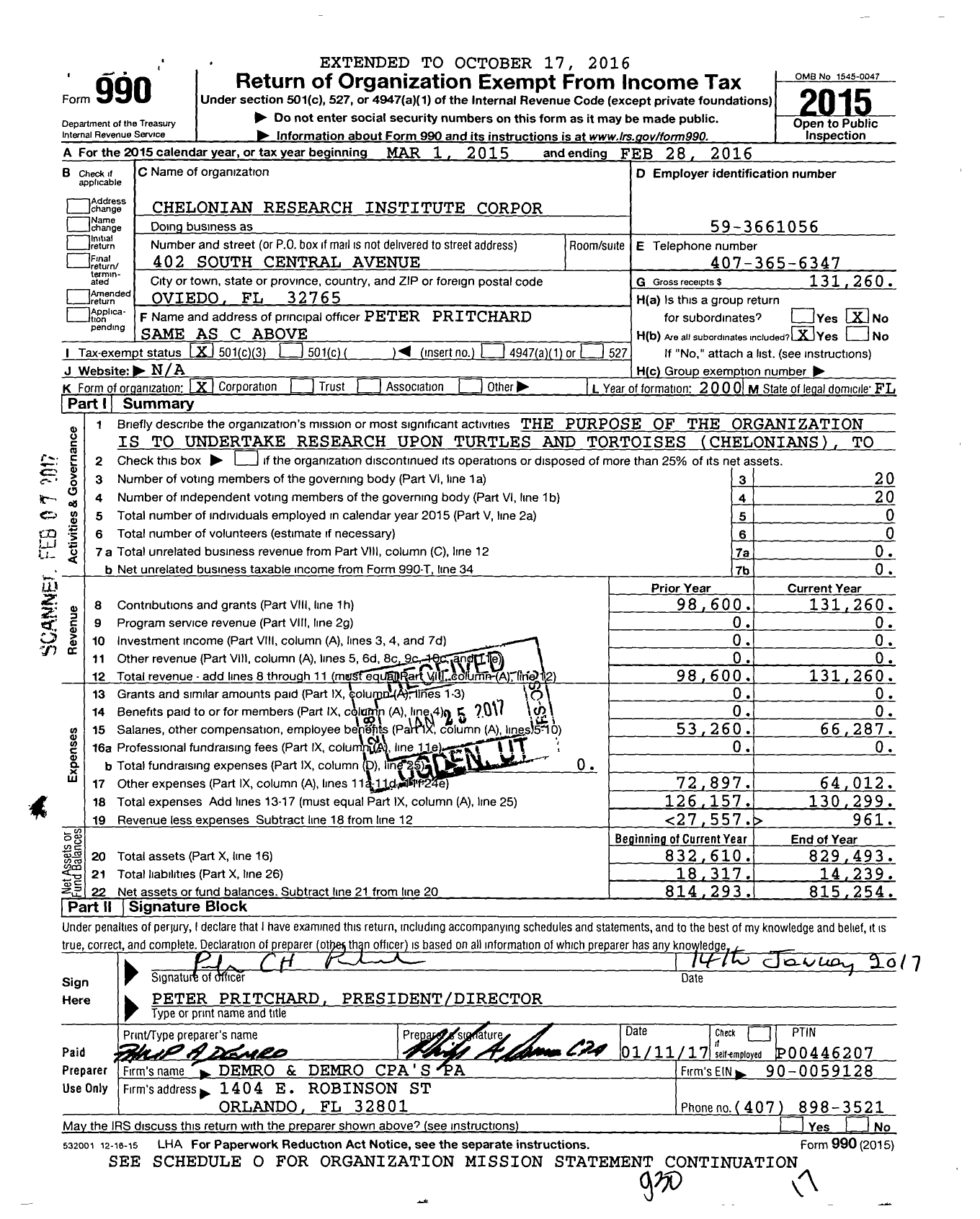 Image of first page of 2015 Form 990 for Chelonian Research Institute Corpor