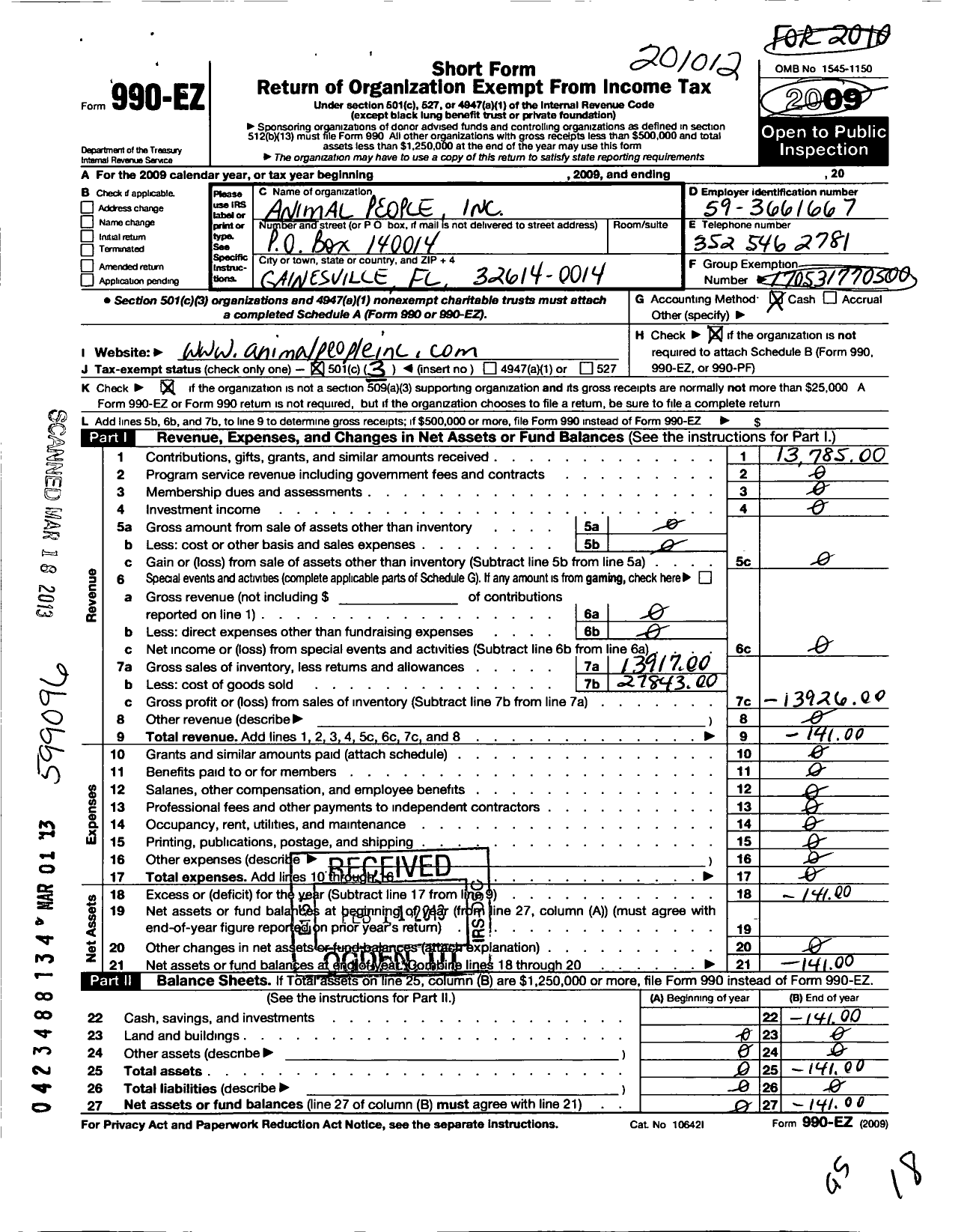 Image of first page of 2010 Form 990EZ for Animal People