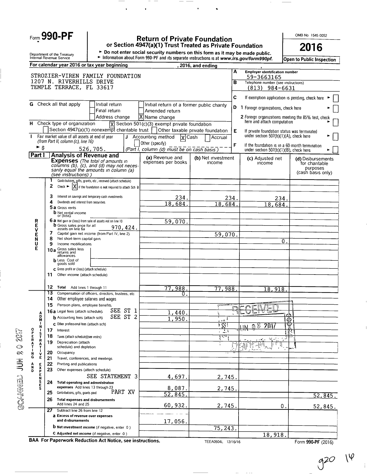 Image of first page of 2016 Form 990PF for Strozier-Viren Family Foundation