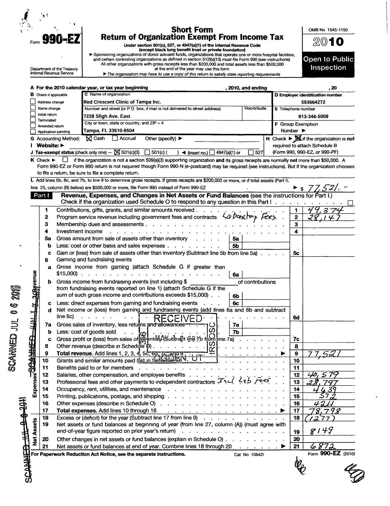 Image of first page of 2010 Form 990EZ for Red Crescent Clinic of Tampa