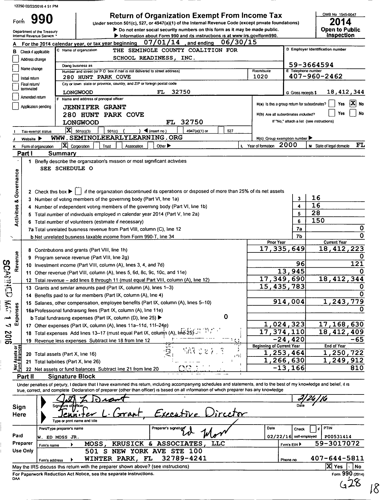 Image of first page of 2014 Form 990 for The Seminole County Coalition for School Readiness