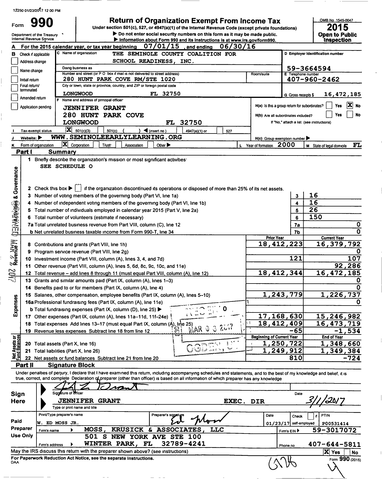 Image of first page of 2015 Form 990 for The Seminole County Coalition for School Readiness