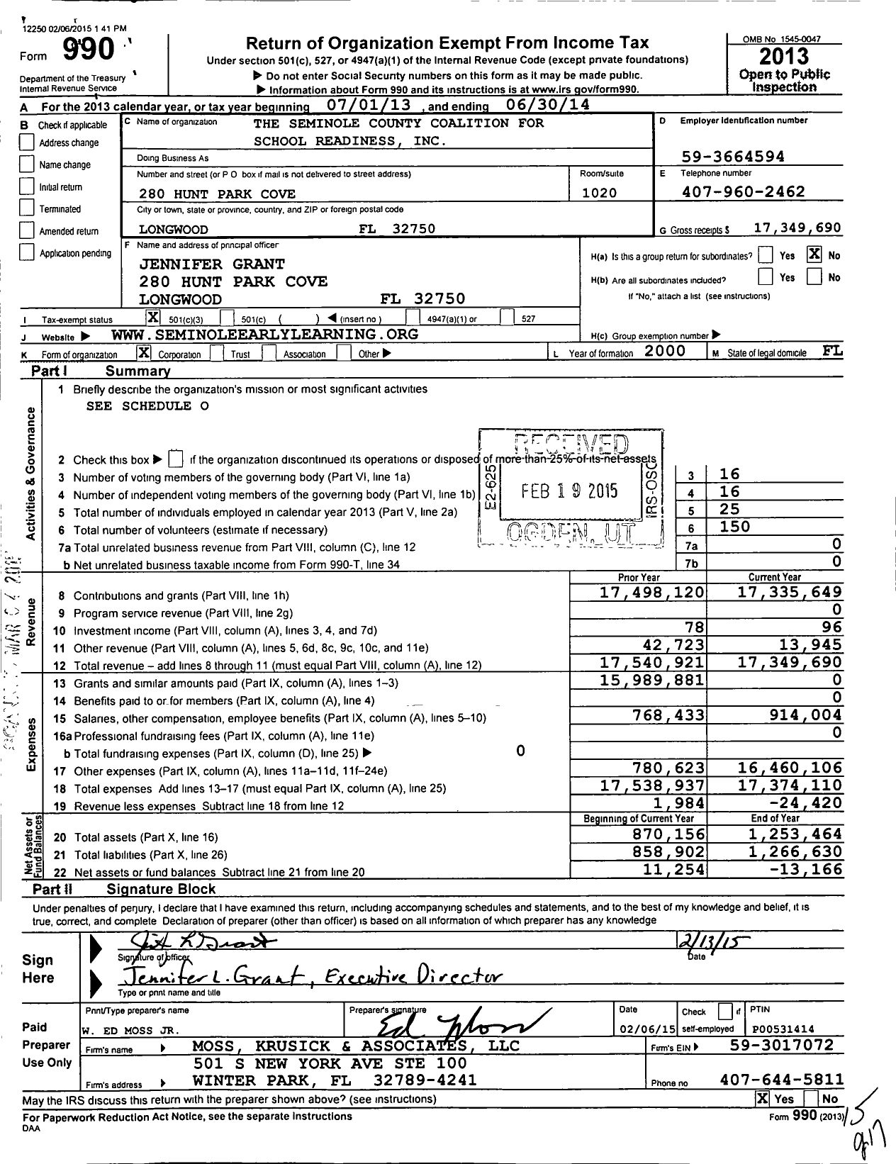 Image of first page of 2013 Form 990 for The Seminole County Coalition for School Readiness